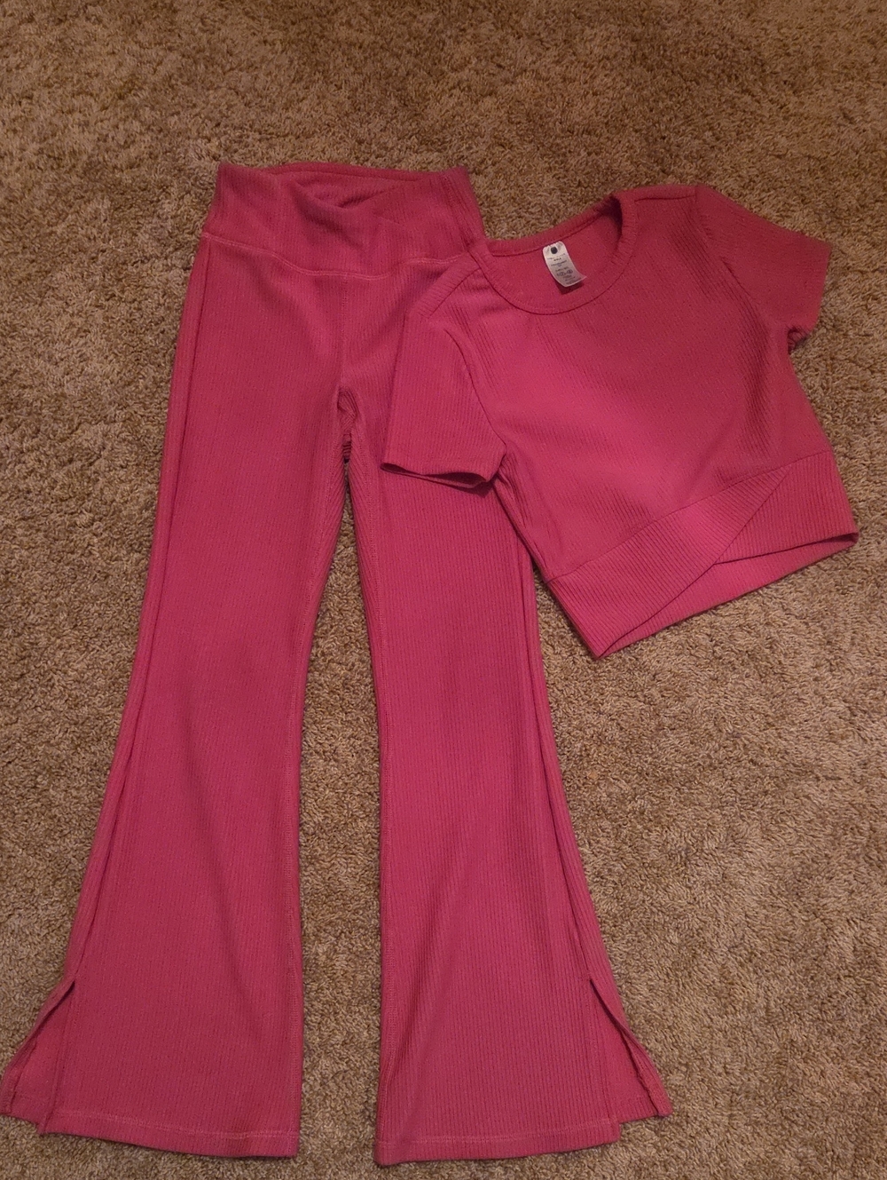 Yogalicious Pink Ribbed Flare Pants & Crop Top Set
